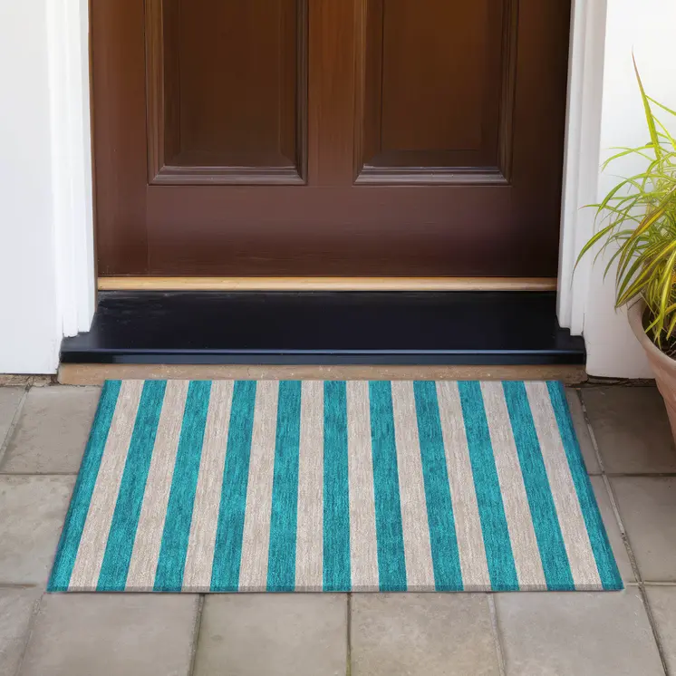 2' X 3' Turquoise Striped Washable Non Skid Indoor Outdoor Area Rug