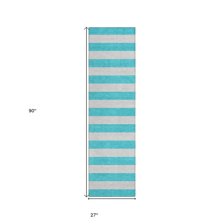 8' Runner Turquoise Striped Washable Non Skid Indoor Outdoor Runner Rug