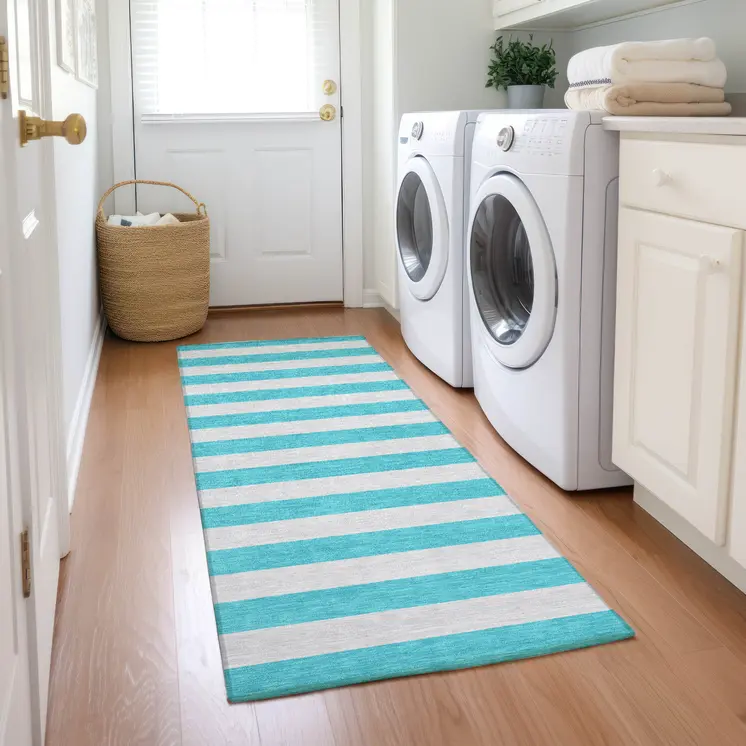 8' Runner Turquoise Striped Washable Non Skid Indoor Outdoor Runner Rug