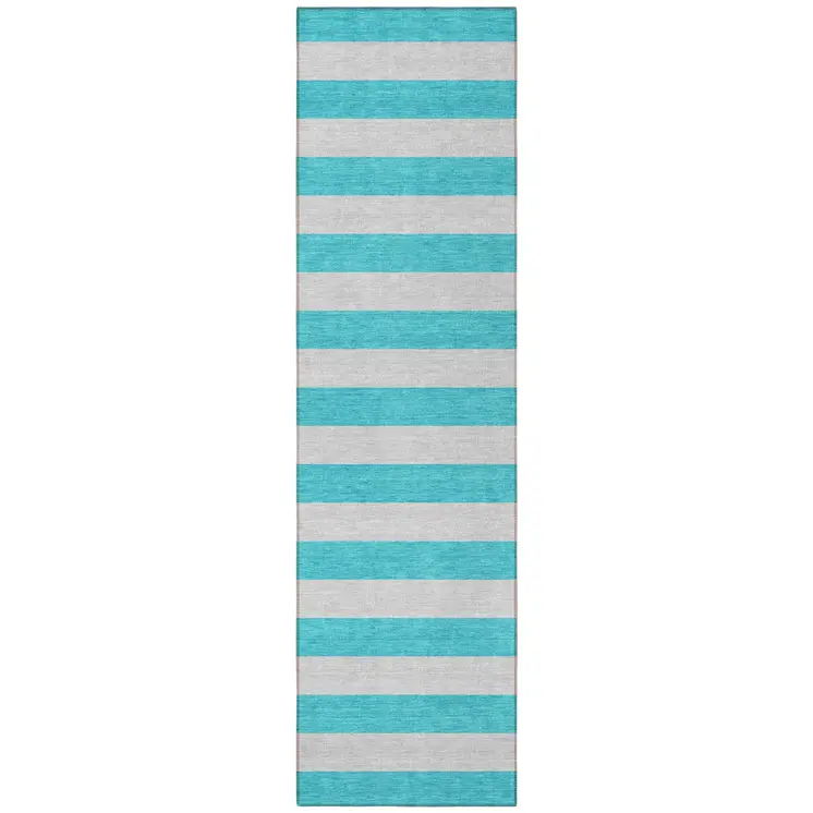 8' Runner Turquoise Striped Washable Non Skid Indoor Outdoor Runner Rug