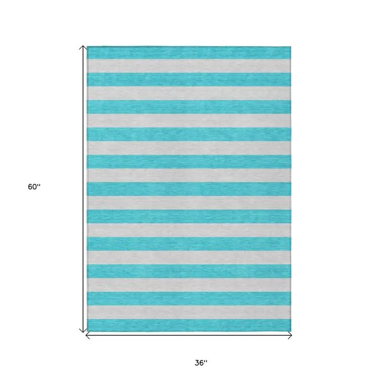 3' X 5' Turquoise Striped Washable Non Skid Indoor Outdoor Area Rug