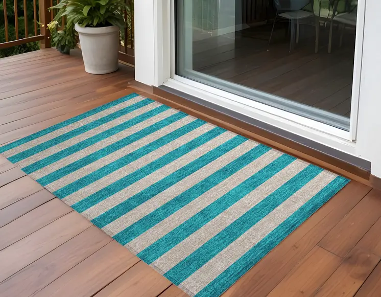 3' X 5' Turquoise Striped Washable Non Skid Indoor Outdoor Area Rug
