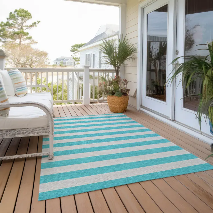 3' X 5' Turquoise Striped Washable Non Skid Indoor Outdoor Area Rug