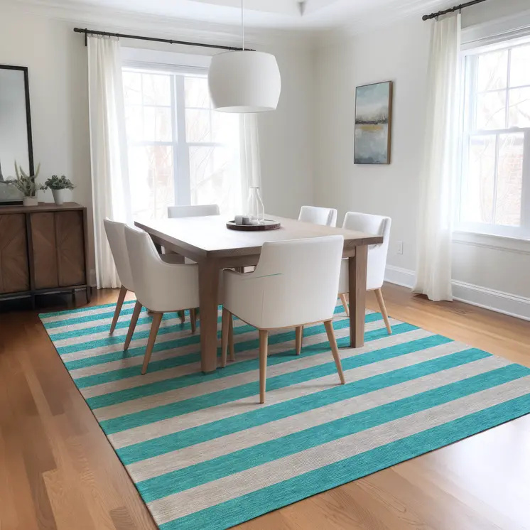 3' X 5' Turquoise Striped Washable Non Skid Indoor Outdoor Area Rug