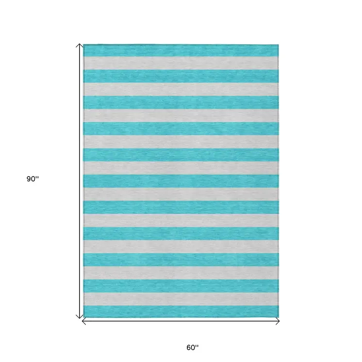 5' X 8' Turquoise Striped Washable Non Skid Indoor Outdoor Area Rug