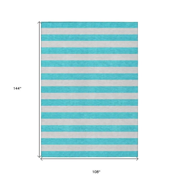 9' X 12' Turquoise Striped Washable Non Skid Indoor Outdoor Area Rug