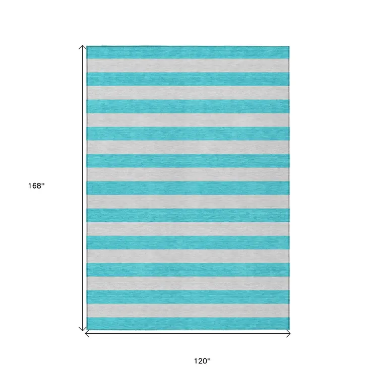 10' X 14' Turquoise Striped Washable Non Skid Indoor Outdoor Area Rug