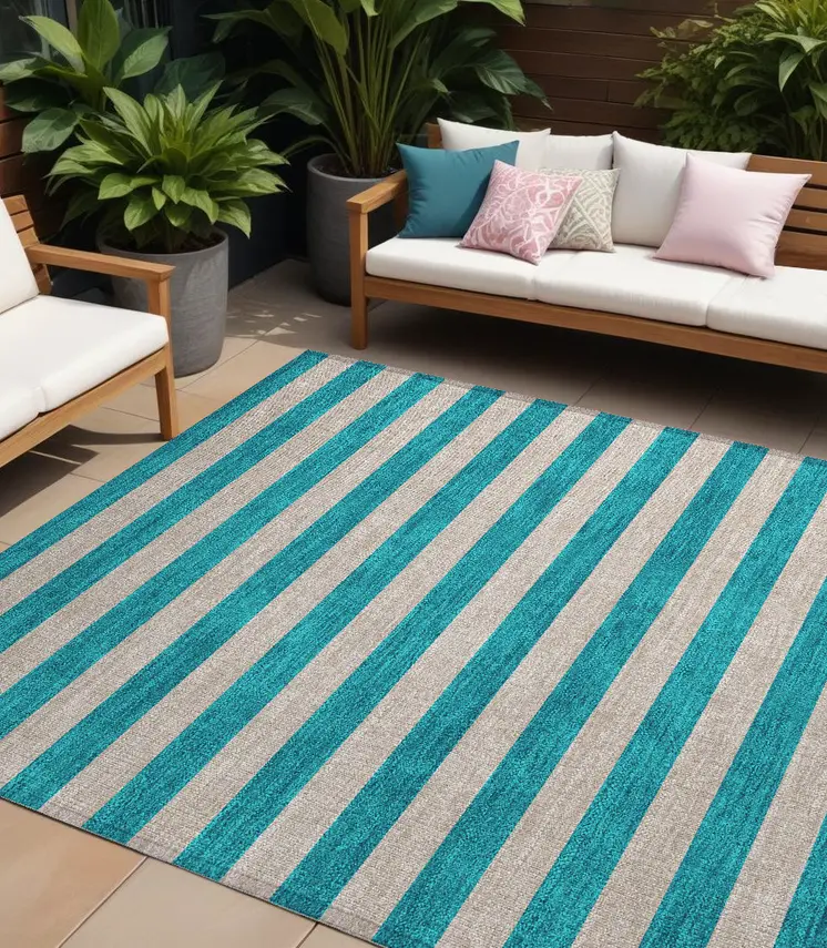 10' X 14' Turquoise Striped Washable Non Skid Indoor Outdoor Area Rug