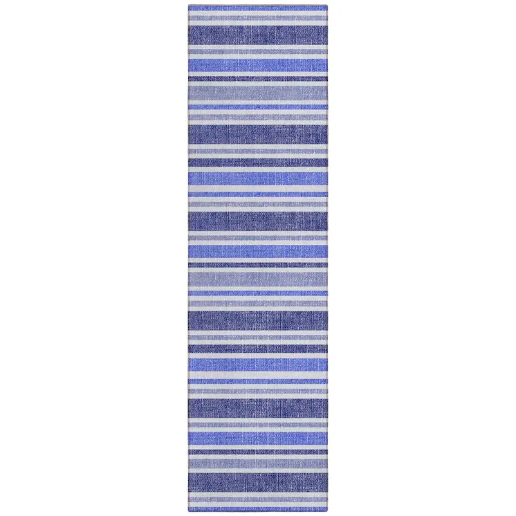 2' X 8' Blue Striped Washable Indoor Outdoor Runner Rug