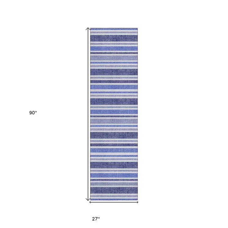 2' X 8' Blue Striped Washable Indoor Outdoor Runner Rug
