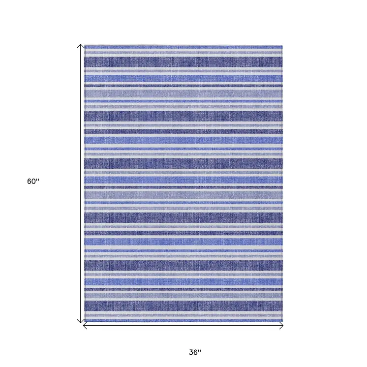 3' X 5' Blue Striped Washable Non Skid Indoor Outdoor Area Rug