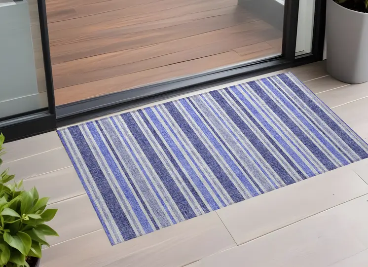 3' X 5' Blue Striped Washable Non Skid Indoor Outdoor Area Rug