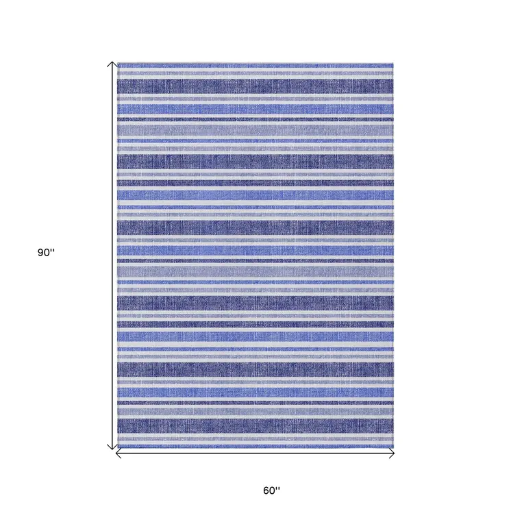 5' X 8' Blue Striped Washable Non Skid Indoor Outdoor Area Rug