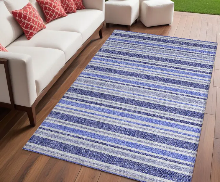 5' X 8' Blue Striped Washable Non Skid Indoor Outdoor Area Rug