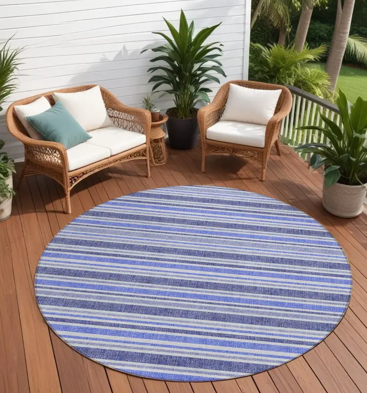 8' Round Blue Round Striped Washable Non Skid Indoor Outdoor Area Rug