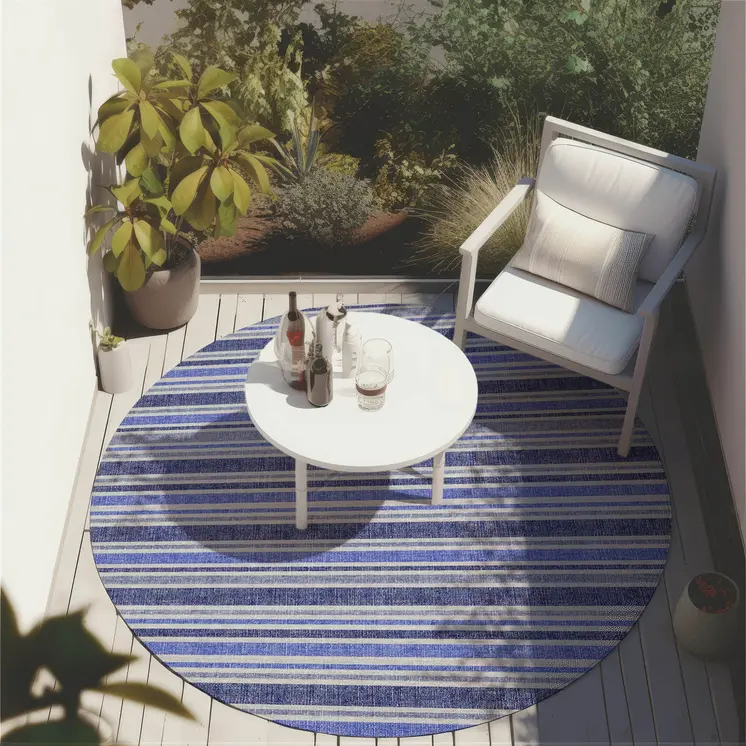 8' Round Blue Round Striped Washable Non Skid Indoor Outdoor Area Rug