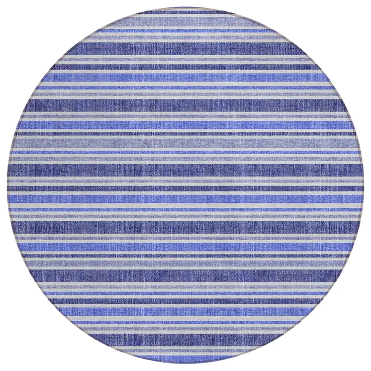 8' Round Blue Round Striped Washable Non Skid Indoor Outdoor Area Rug