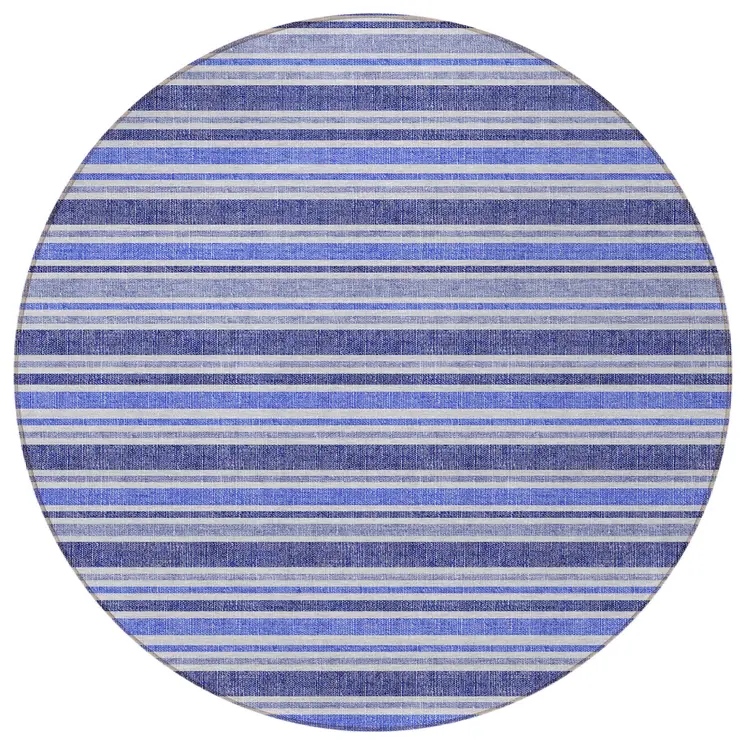 8' Round Blue Round Striped Washable Non Skid Indoor Outdoor Area Rug