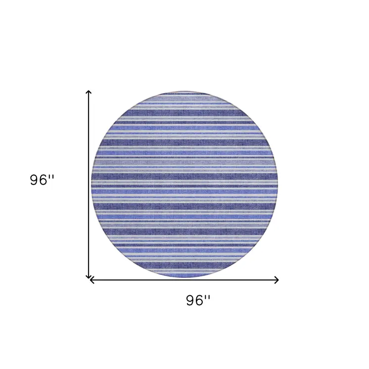 8' Round Blue Round Striped Washable Non Skid Indoor Outdoor Area Rug
