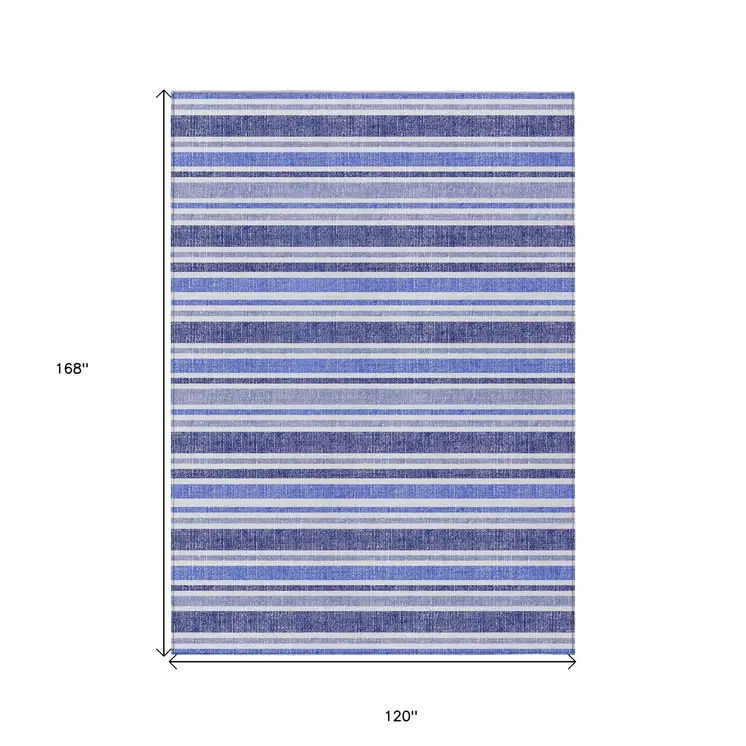 10' X 14' Blue Striped Washable Non Skid Indoor Outdoor Area Rug
