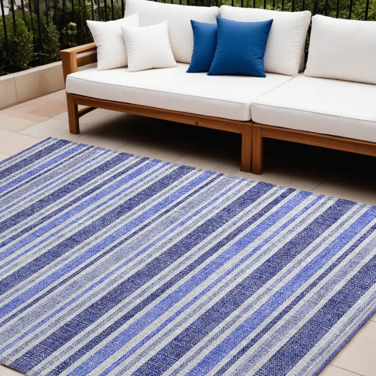 10' X 14' Blue Striped Washable Non Skid Indoor Outdoor Area Rug