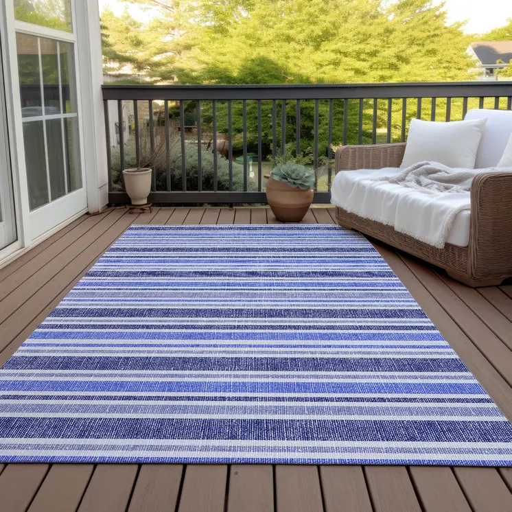 10' X 14' Blue Striped Washable Non Skid Indoor Outdoor Area Rug
