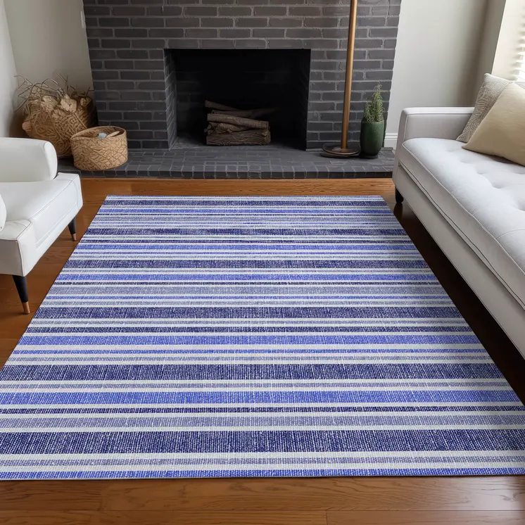 10' X 14' Blue Striped Washable Non Skid Indoor Outdoor Area Rug