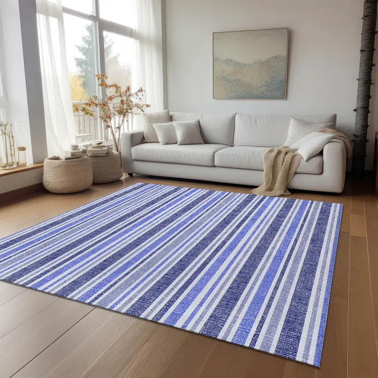 10' X 14' Blue Striped Washable Non Skid Indoor Outdoor Area Rug