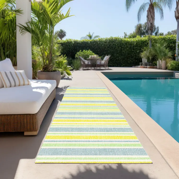 2' X 8' Blue and Yellow Striped Washable Indoor Outdoor Runner Rug