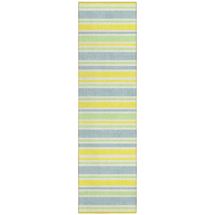 2' X 8' Blue and Yellow Striped Washable Indoor Outdoor Runner Rug