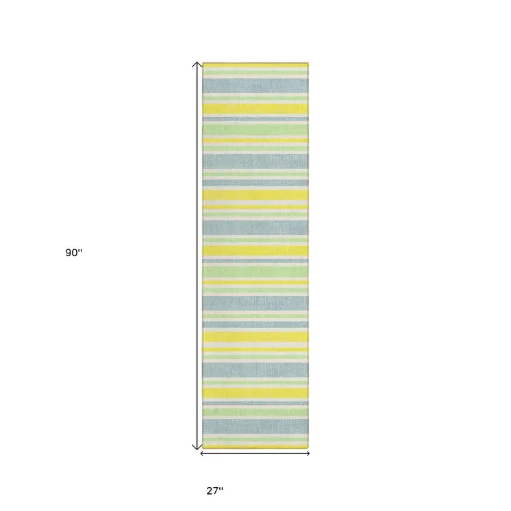2' X 8' Blue and Yellow Striped Washable Indoor Outdoor Runner Rug