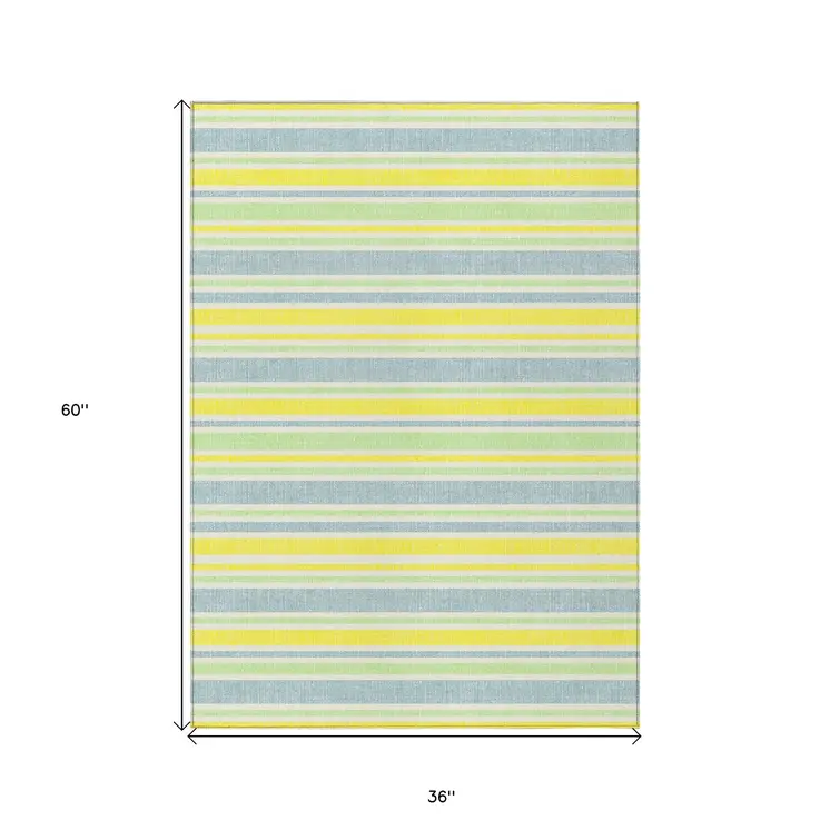 3' X 5' Blue and Yellow Striped Washable Non Skid Indoor Outdoor Area Rug