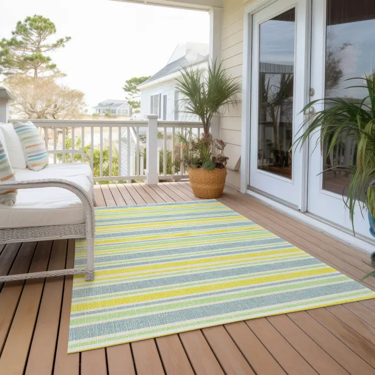 3' X 5' Blue and Yellow Striped Washable Non Skid Indoor Outdoor Area Rug