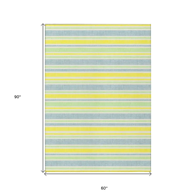 5' X 8' Blue and Yellow Striped Washable Non Skid Indoor Outdoor Area Rug