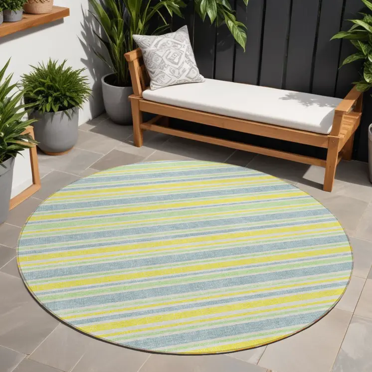 8' Round Blue and Yellow Round Striped Washable Non Skid Indoor Outdoor Area Rug