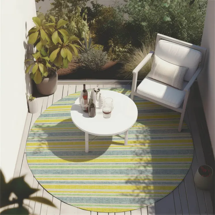 8' Round Blue and Yellow Round Striped Washable Non Skid Indoor Outdoor Area Rug