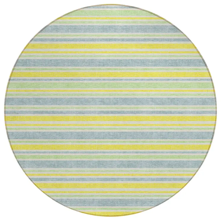 8' Round Blue and Yellow Round Striped Washable Non Skid Indoor Outdoor Area Rug