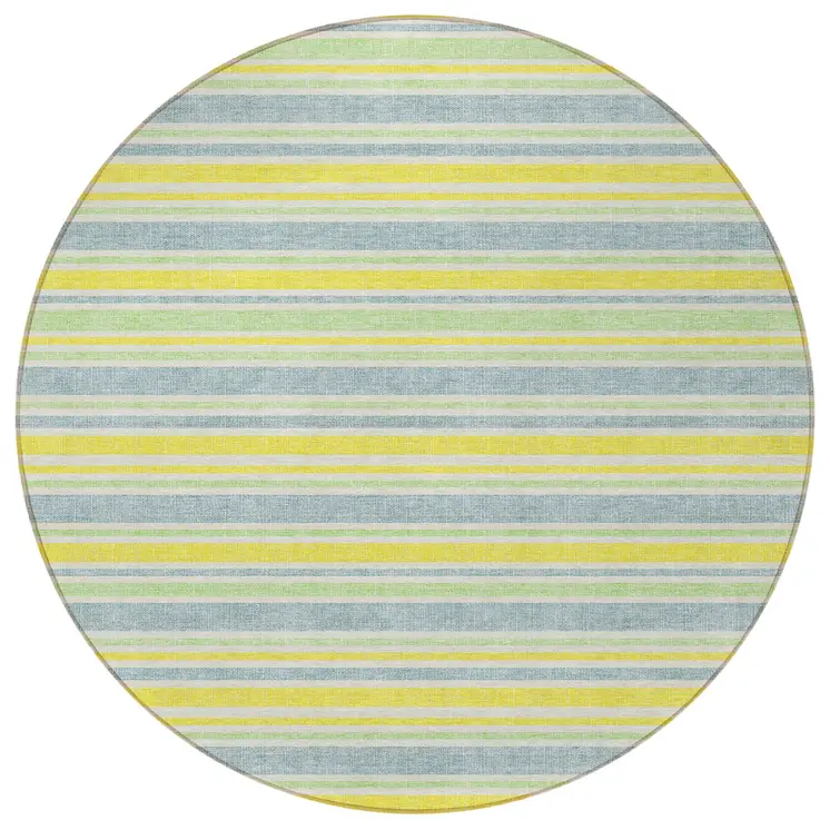 8' Round Blue and Yellow Round Striped Washable Non Skid Indoor Outdoor Area Rug