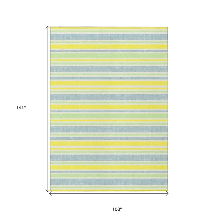 9' X 12' Blue and Yellow Striped Washable Non Skid Indoor Outdoor Area Rug