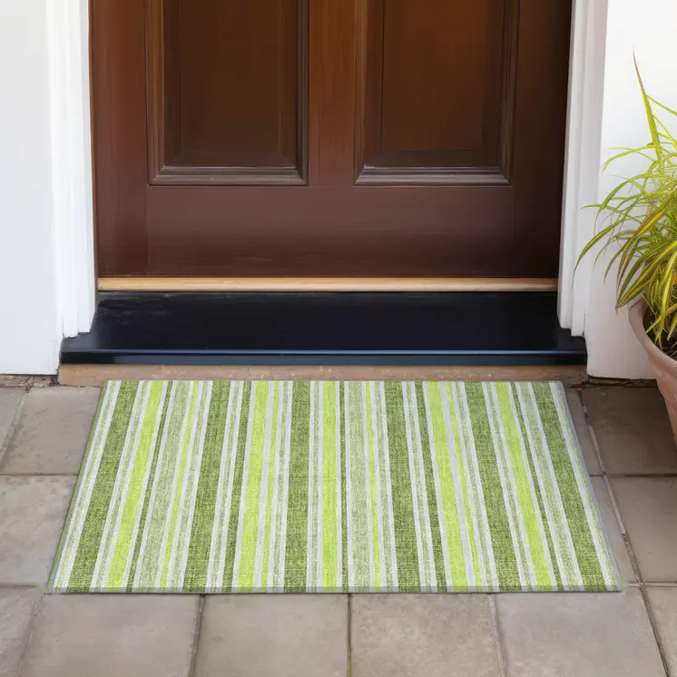 2' X 3' Green and Yellow Striped Washable Non Skid Indoor Outdoor Area Rug