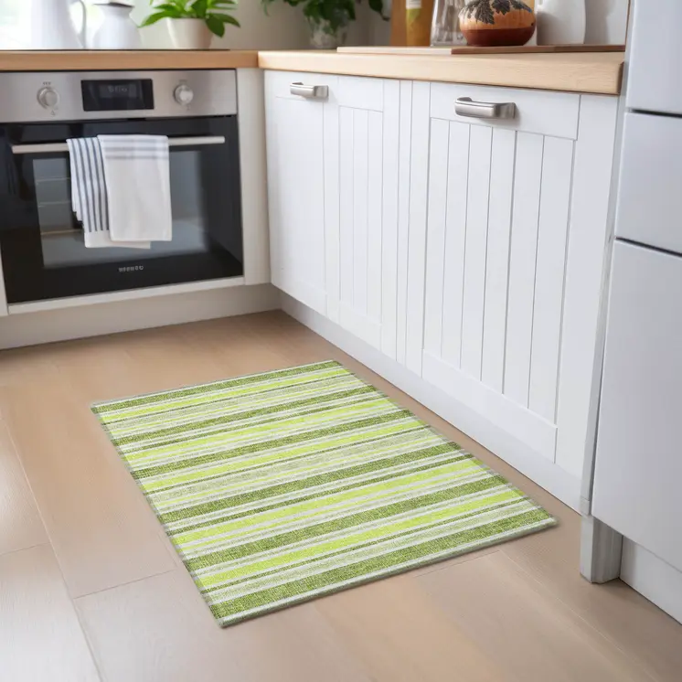 2' X 3' Green and Yellow Striped Washable Non Skid Indoor Outdoor Area Rug