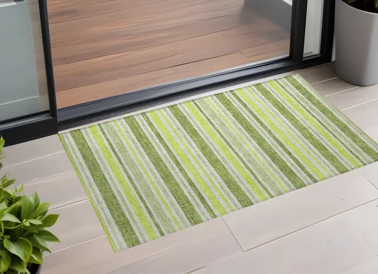 2' X 3' Green and Yellow Striped Washable Non Skid Indoor Outdoor Area Rug