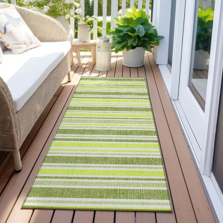 2' X 8' Green and Yellow Striped Washable Indoor Outdoor Runner Rug