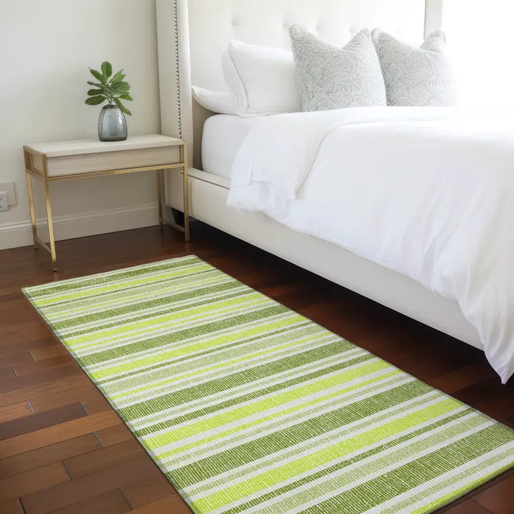 2' X 8' Green and Yellow Striped Washable Indoor Outdoor Runner Rug
