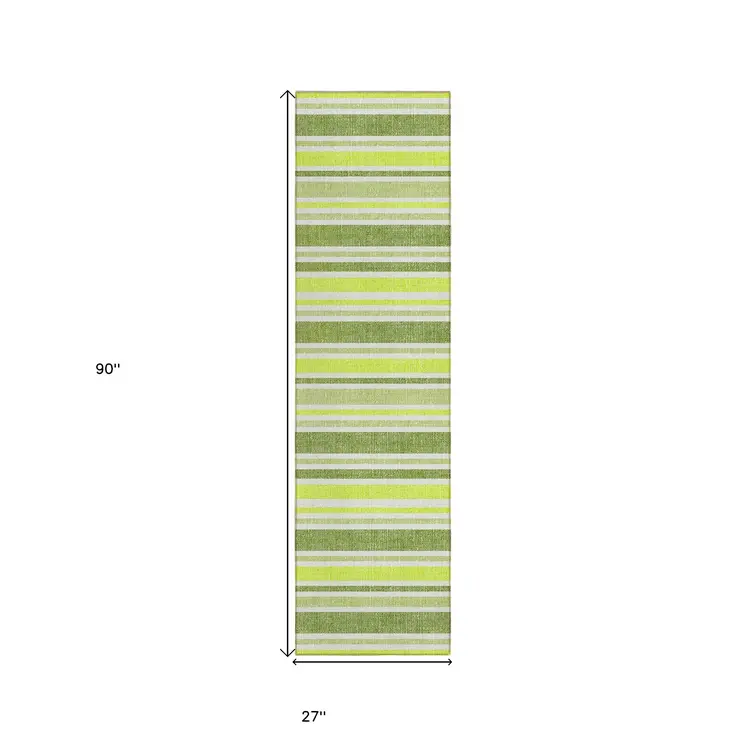 2' X 8' Green and Yellow Striped Washable Indoor Outdoor Runner Rug