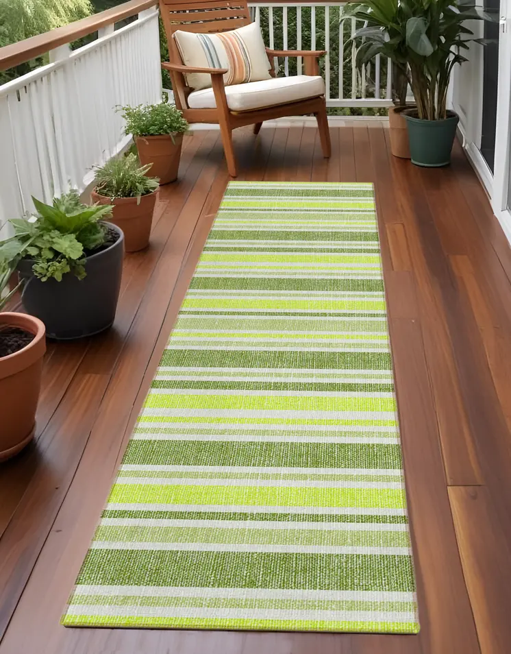 2' X 8' Green and Yellow Striped Washable Indoor Outdoor Runner Rug
