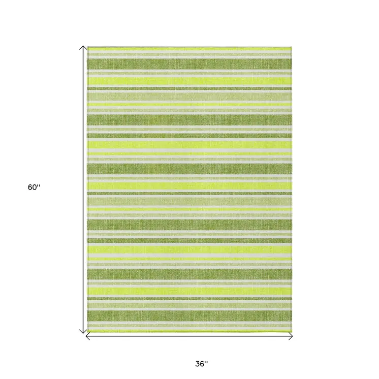 3' X 5' Green and Yellow Striped Washable Non Skid Indoor Outdoor Area Rug