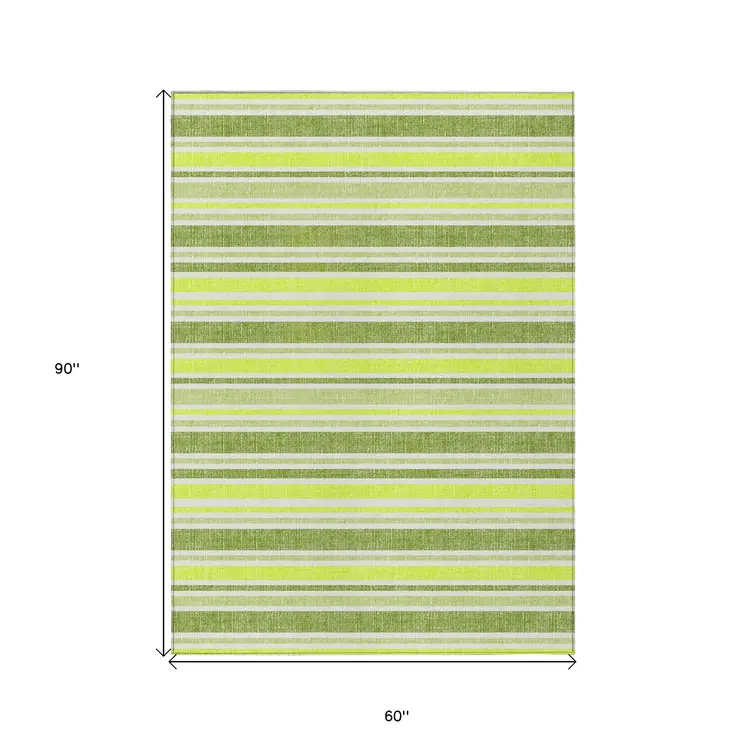 5' X 8' Green and Yellow Striped Washable Non Skid Indoor Outdoor Area Rug