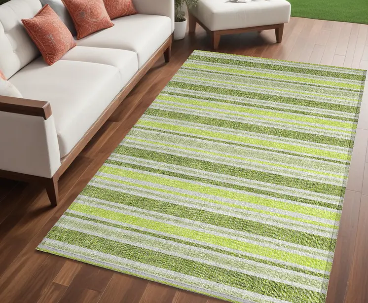 5' X 8' Green and Yellow Striped Washable Non Skid Indoor Outdoor Area Rug