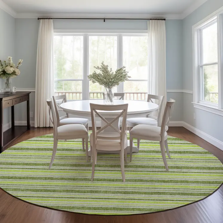 8' Round Green and Yellow Round Striped Washable Non Skid Indoor Outdoor Area Rug
